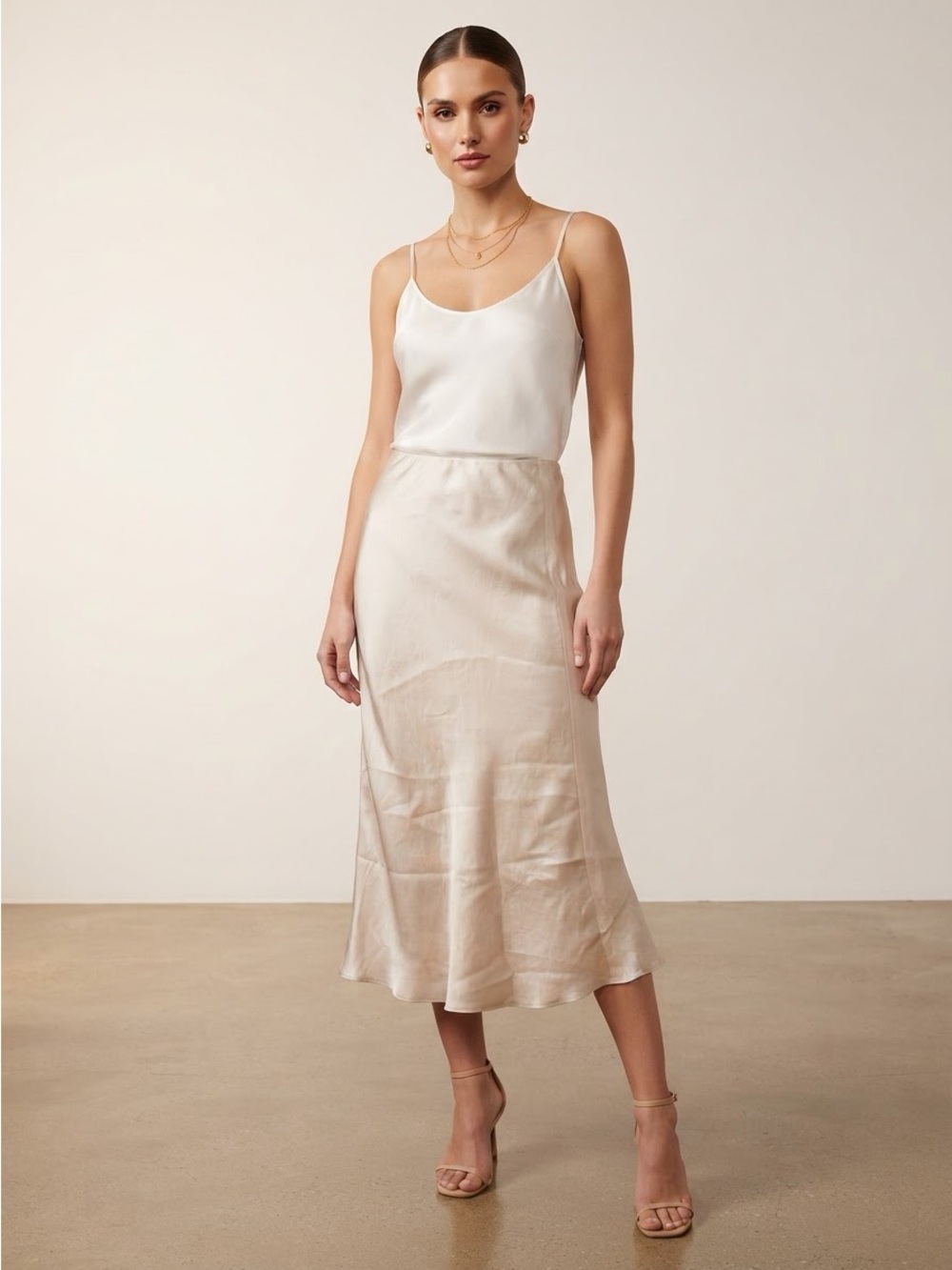 Aritzia Champagne Satin Midi Slip Skirt
